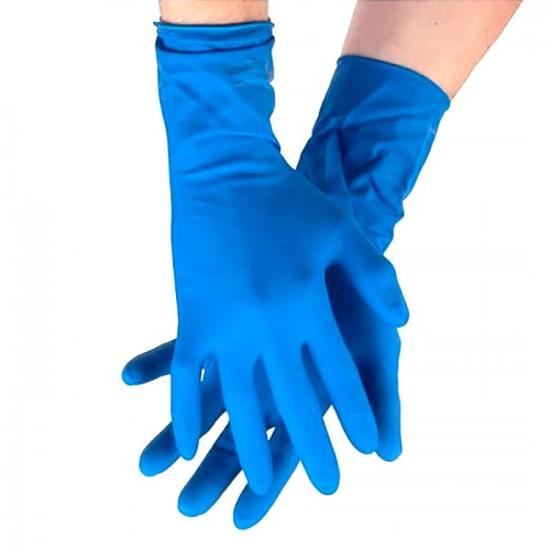 Синие латексные перчатки повышенной прочности текстурированные демонстрируются надетыми на две руки.