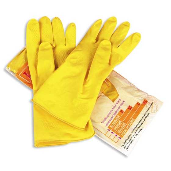 Латексные перчатки Эльф желтого цвета лежат на белом фоне сверху упаковки.