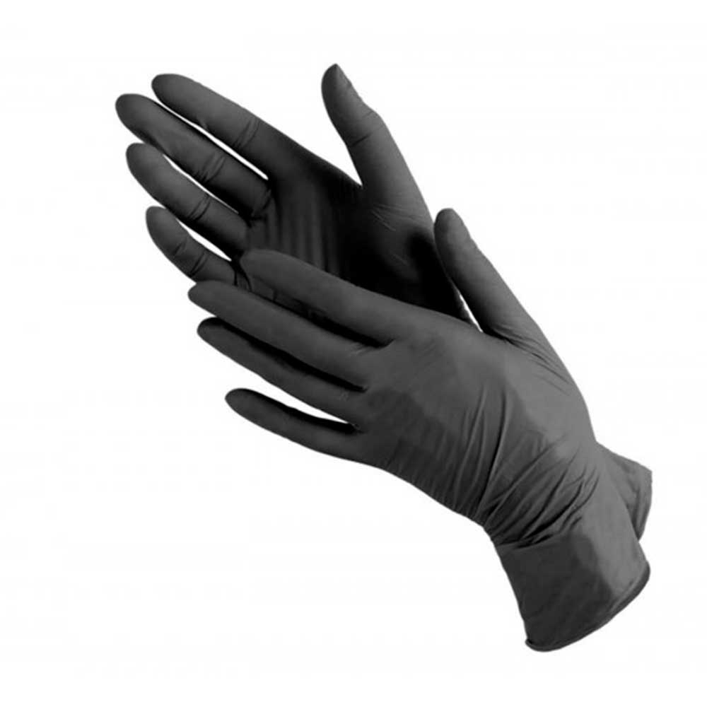 Хирургические перчатки гипоаллергенные черного цвета надеты на руки.
