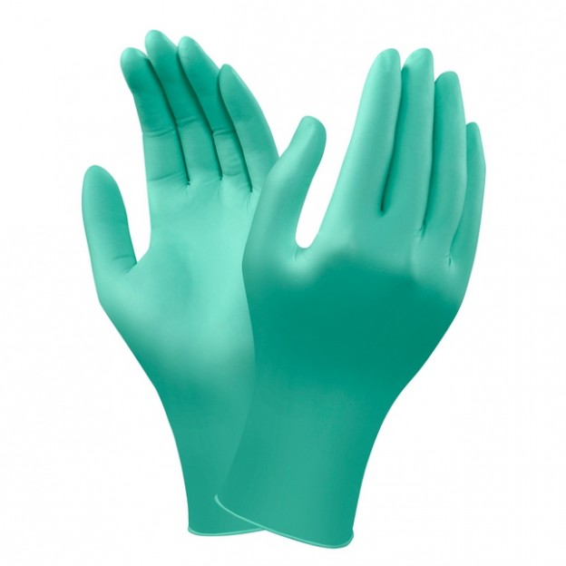 Хирургические перчатки неопреновые стерильные неопудренные зеленого цвета надеты на руки.
