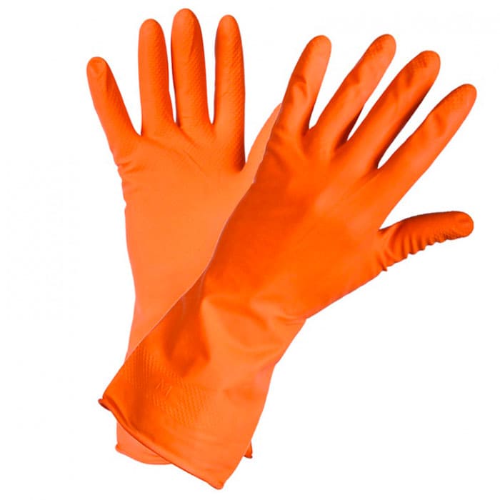 Латексные перчатки Лайма Люкс оранжевого цвета лежат на белом фоне.