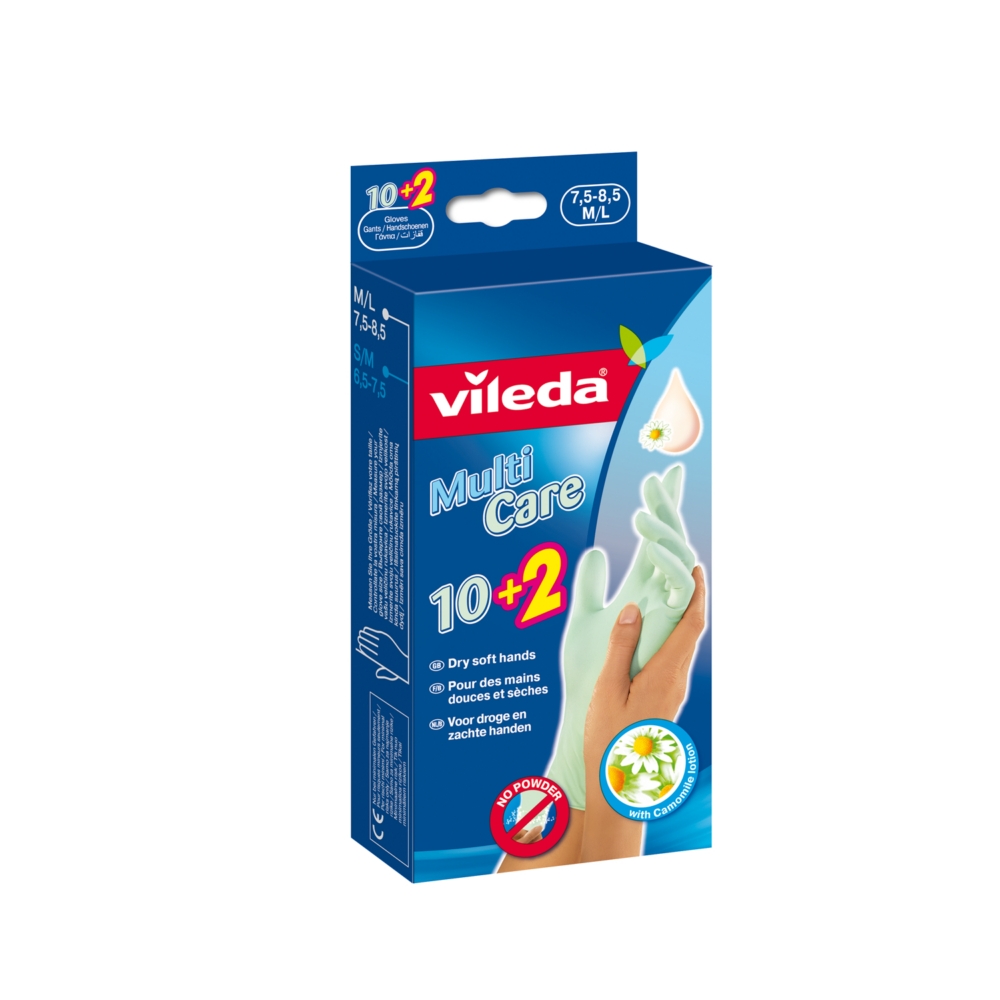 Санитарные латексные перчатки Vileda в упаковке с евроотверстием.