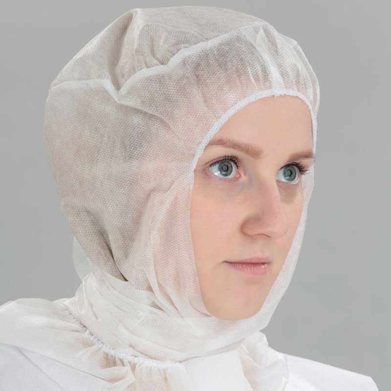 Шапочка-шлем хирургическая демонстрирует женская модель. вид сбоку, спереди.