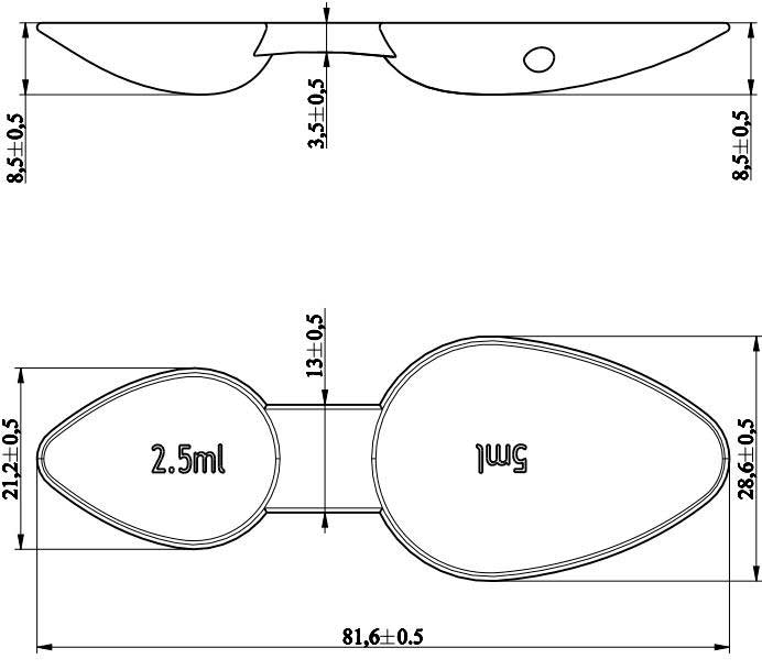 Ложка мерная двухсторонняя объем 2,5 мл - 5 мл размеры